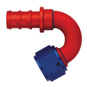 Fitting, Hose End, AQP Socketless, 150 Degree, 6 AN Hose Barb to 6 AN Female, Aluminum, Blue / Red Anodize, Each 