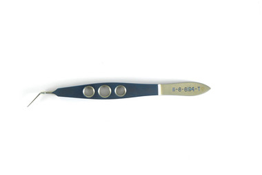 Precision Blue And Gold Titanium Nevyas Capularhexis Forceps On A 3 Hole Handle With Extremely Thing Shanks, 11mm From Tip To Bend, Cystotome Shaped Tips, And An Overall Length Of 4" (100mm)