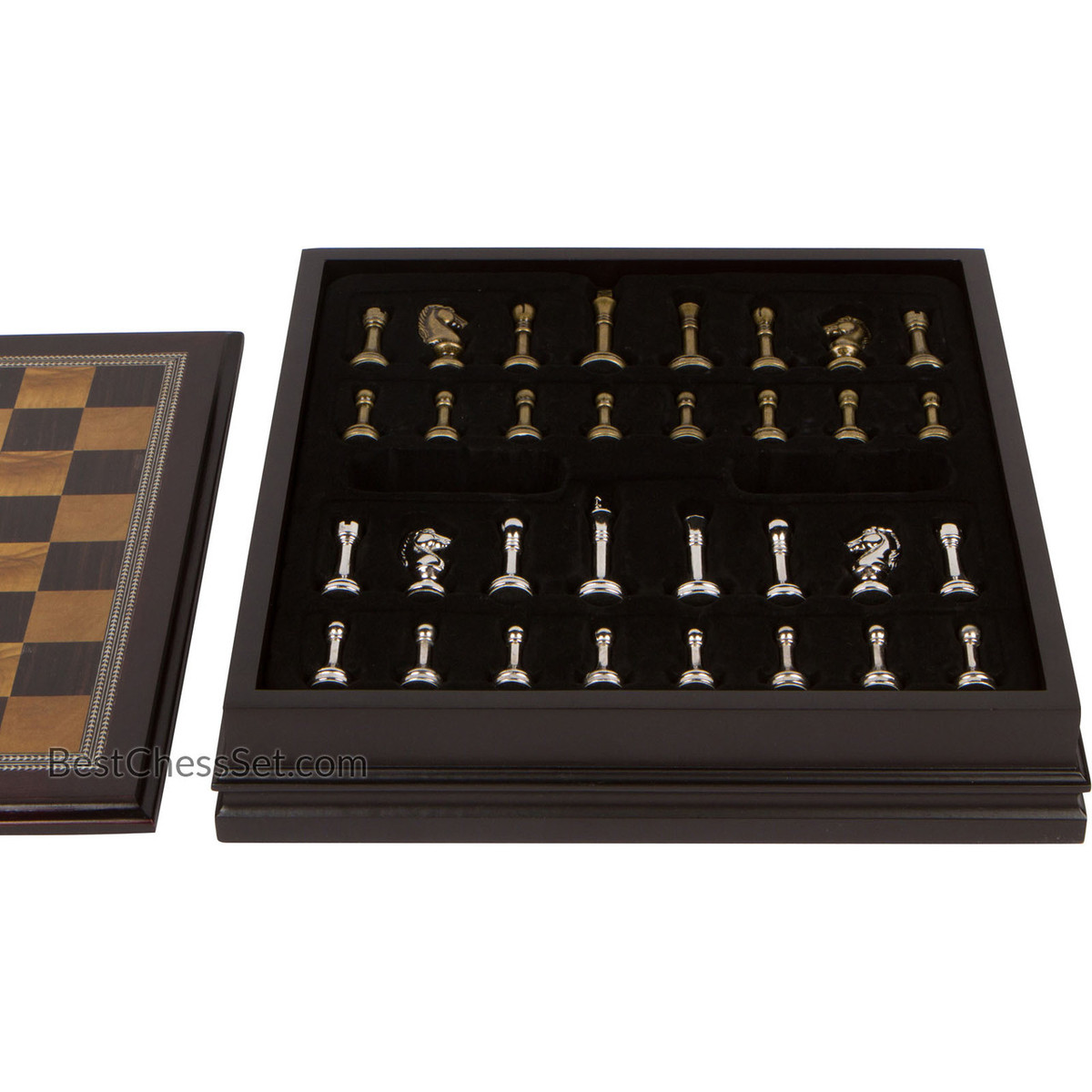 Bala Chess MEDIUM 12 Inch Game Set METAL Pieces Inlaid Wood Storage Board New 