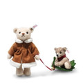 EAN 005862 Steiff wool plush mama Teddy bear with child on holly express, beige/brown tipped