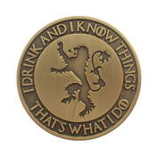 I Drink and I Know Things Lapel Pin Antique Gold Die Struck