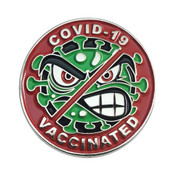 COVID-19 Vaccinated Pin.  Silver plated, soft enamel COVID-19 vaccine shot received!  You are now vaccinated!  How do you feel?  :-)
