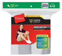 Hanes Men's Cushion Ankle Socks FreshIQ Wicking Size 6-12 (Dozen) White or Black