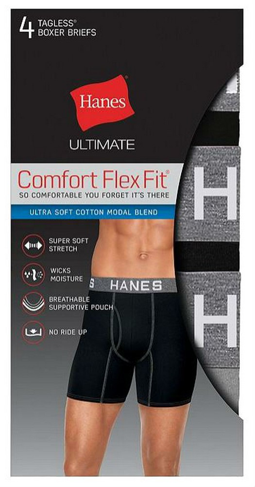 Hanes Mens Ultimate Comfort Flex Fit Boxer Briefs Underwear (4 Pk)  Black/Gray - Sports Diamond