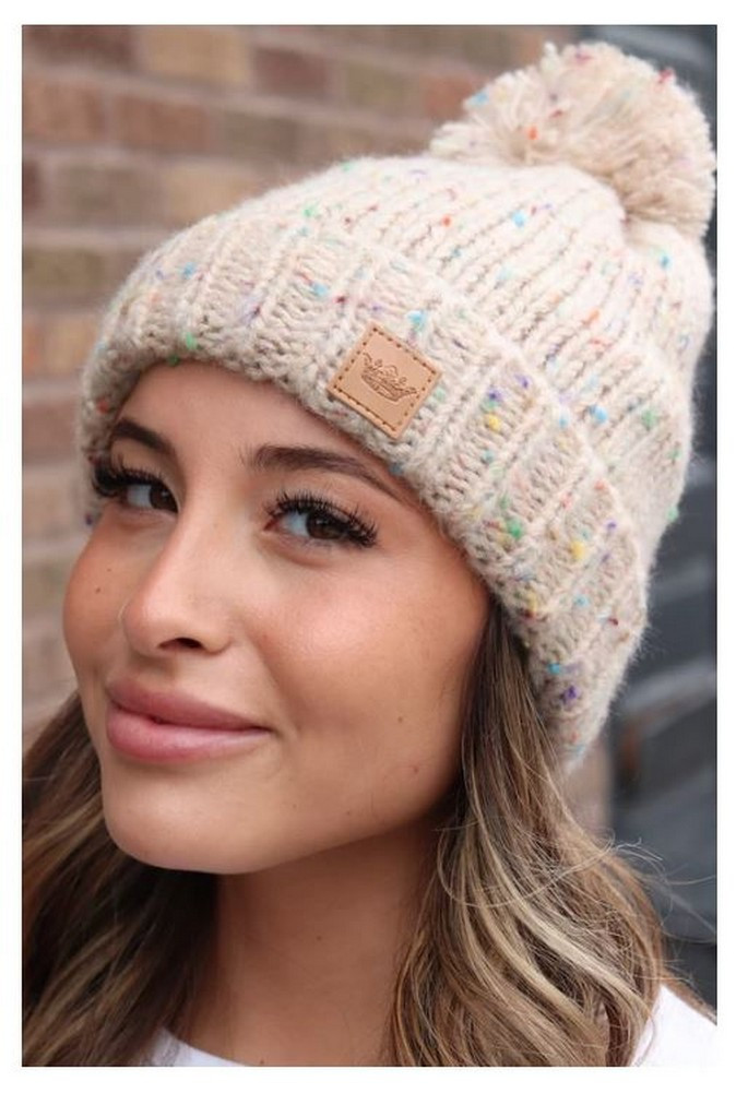 Panache Women's Speckled Cable Knit Hat Cap Crown Tag Fleece Lined Pom