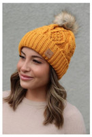 Panache Women's Cable Knit Hat Cap Crown Tag Accent Fleece Lined Fur Pom Mustard