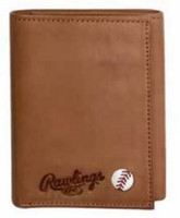 Rawlings Play Ball Tri-fold Wallet Baseball Detail Genuine Leather Tan 479-200