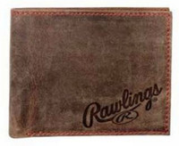 Rawlings High Grade Debossed Bi-fold Wallet Baseball Red Stitch Leather Brown