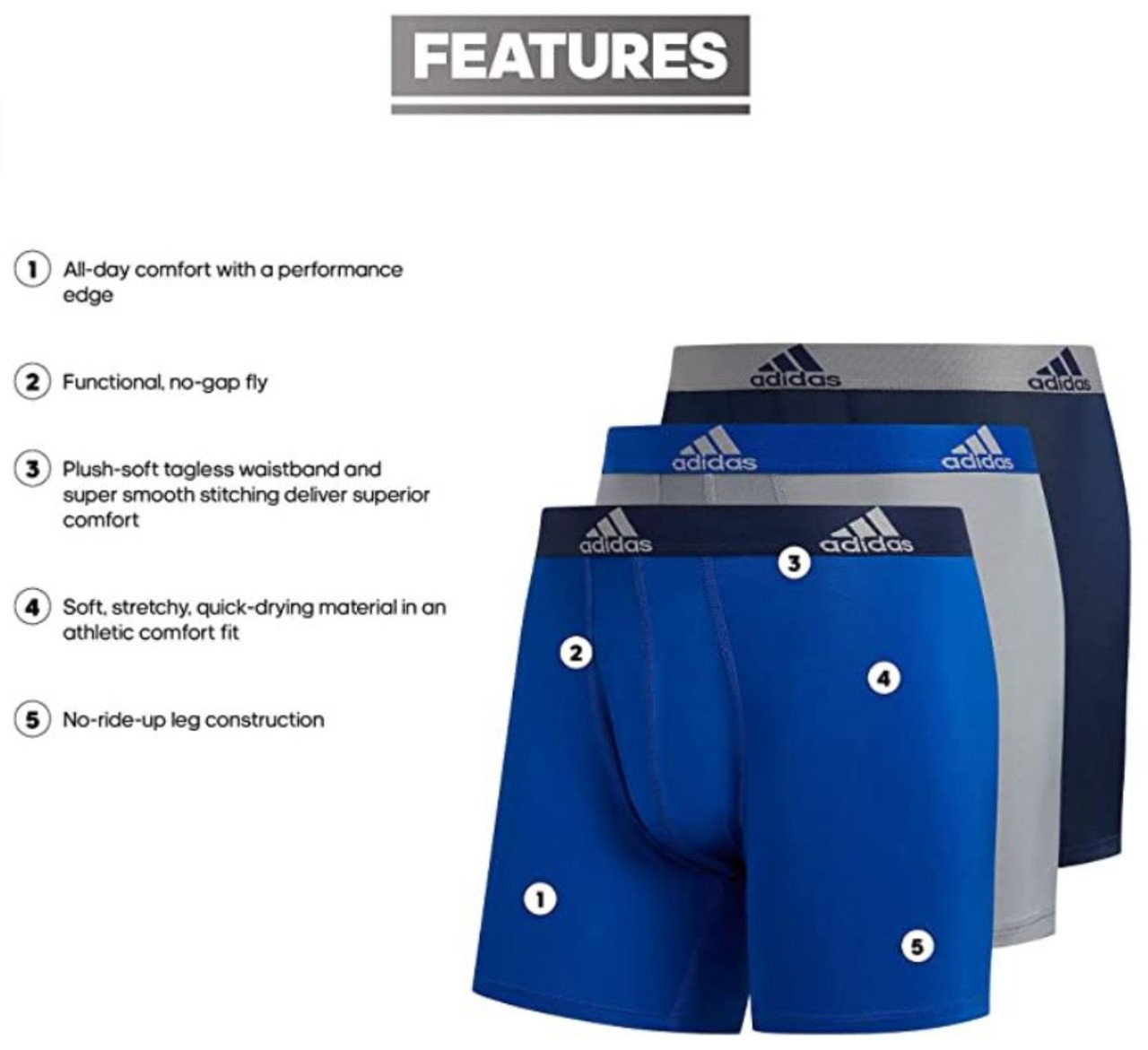 Adidas Men's Performance Boxer Brief Underwear (3Pack) Royal/Grey/Navy