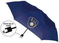 Storm Duds Milwaukee Brewers 42” Mini Folding Umbrella With Storm Clip – Navy