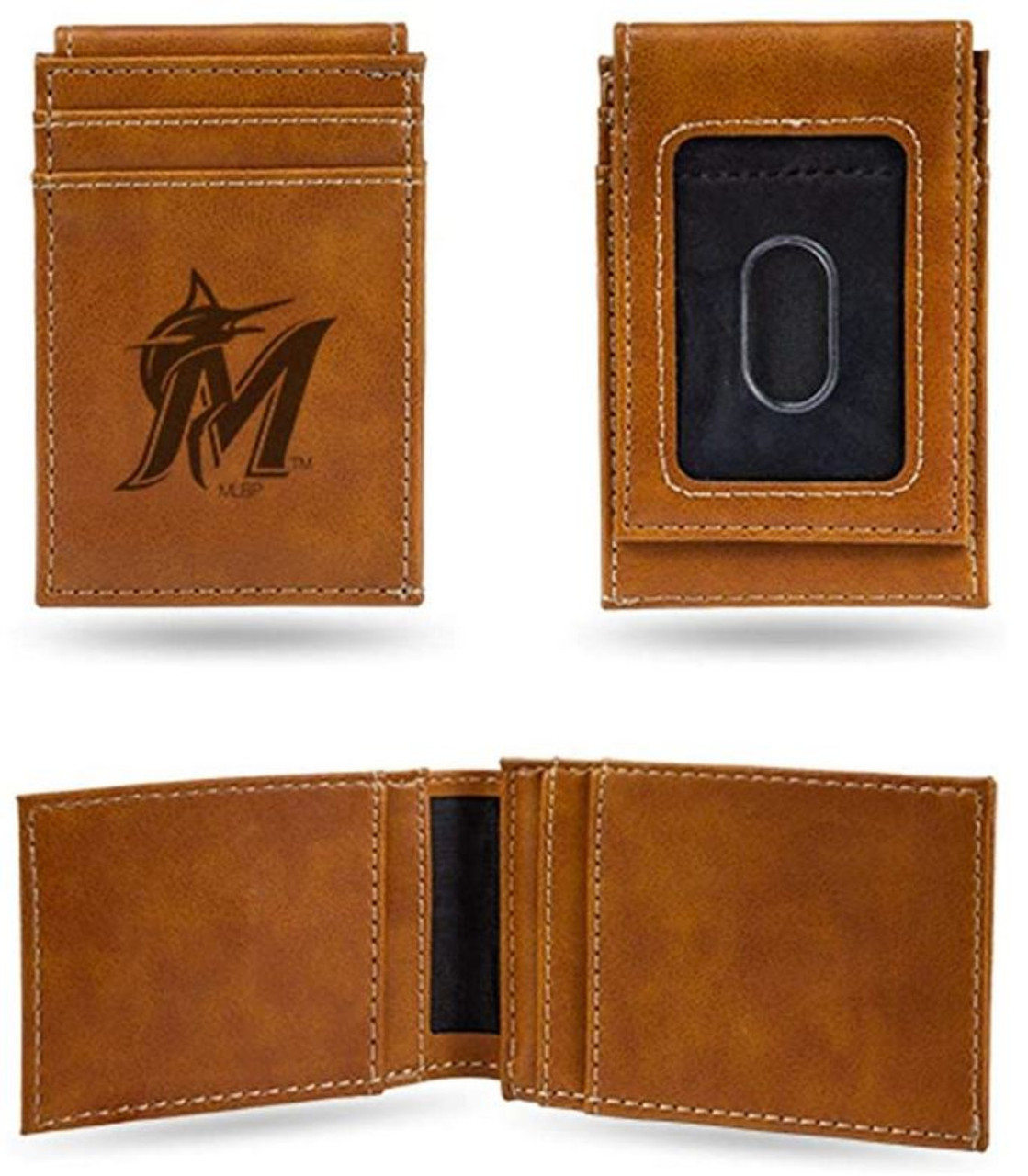 Rico Industries Miami Marlins Laser Engraved Brown Leather Front