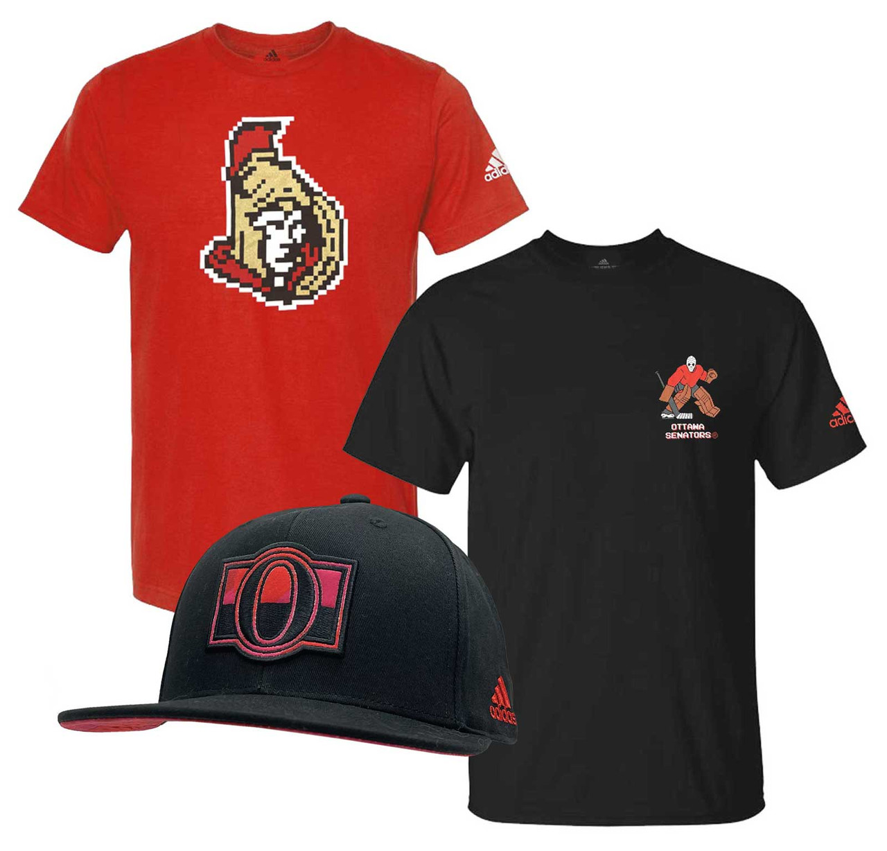 Adidas Men's NHL Ottawa Senators Hockey (3 Pack) 2 Tees T-Shirt & Ball Cap  (M) - Sports Diamond