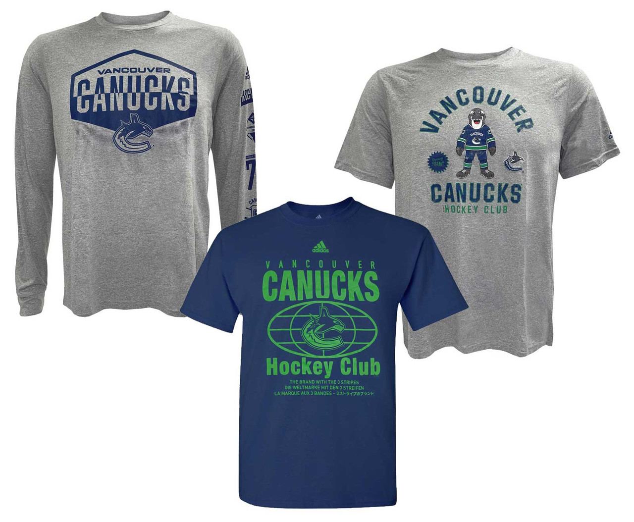 Adidas Men's NHL Vancouver Canucks Hockey (3 Pack) 1 L/S, 2 S/S Tees T-Shirt  (M) - Sports Diamond