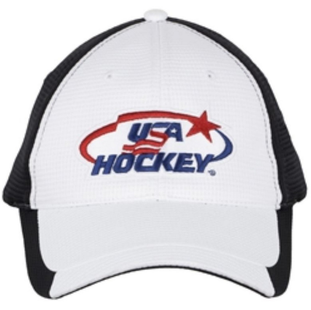 USA Hockey Adult Hockey Performance Mesh Logo Cap Hat, White Hook