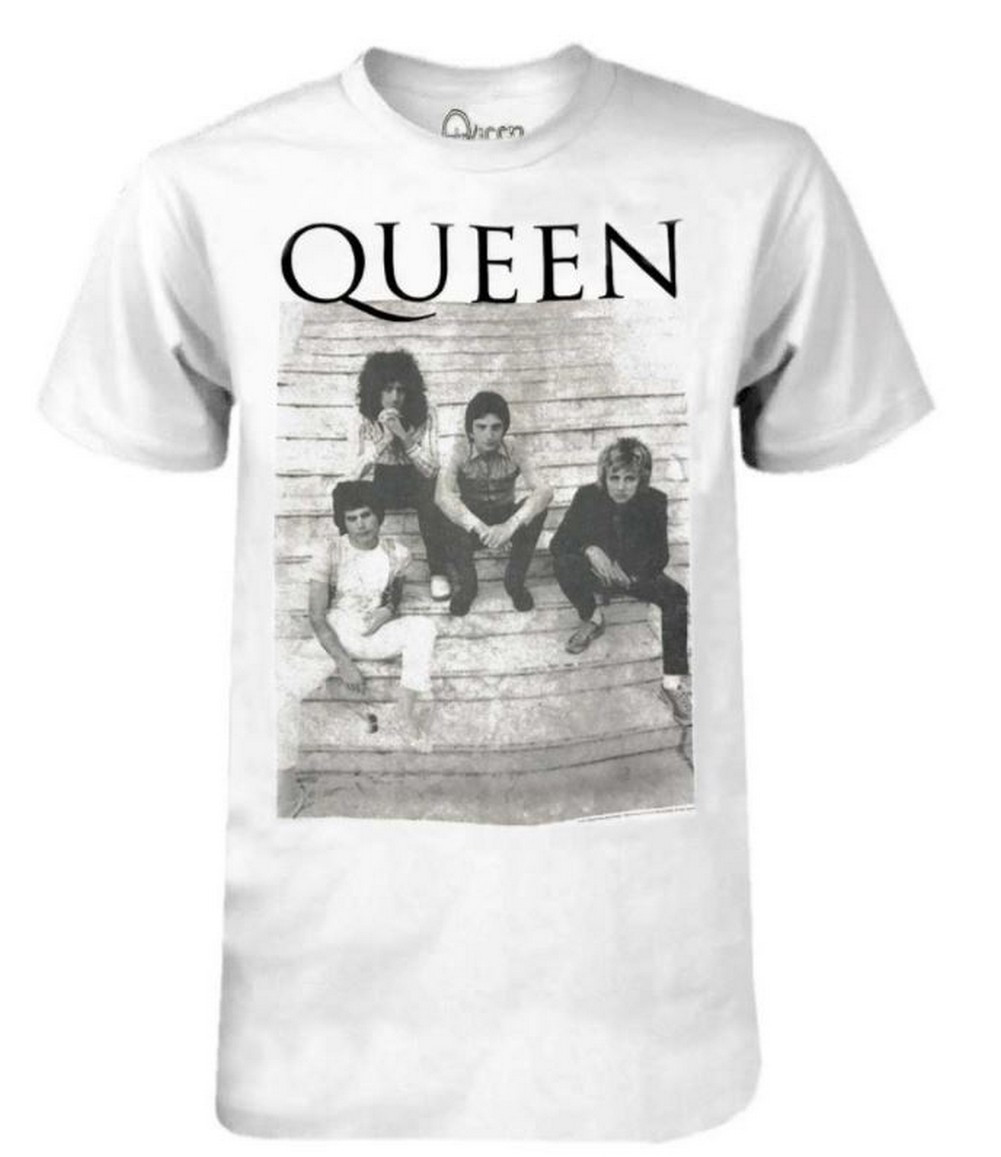 Queen Band on Stoop Unisex Logo Graphic Tee TShirt White/Black