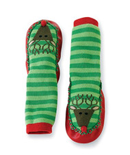 Mud Pie Baby Reindeer Striped Sock Slippers, Green, 9-12 Months