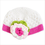 White Crochet Hat with Pink Flower