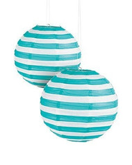 Turquoise Striped Paper Lantern - 12" - Set of 2