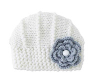 Baby Girls Handmade Knit Cream Hat with Gray Flower