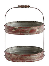 Metal 2-Tier Tray w/ Wood Handle, Distressed Red