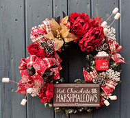 "Hot Chocolate and Marshmallows" 26 inch Red and Tan Deco Wreath