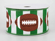 2.5" Footballs On Stripe Ribbon Green & White 10 Yards