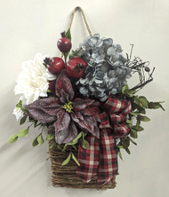 Frosted Red Poinsettia Hanging Basket, holiday floral arrangements, christmas door hangers, 101