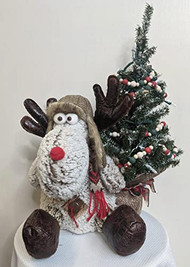 Stuffed Sitting Moose with Lit Tree, 18" high, winter table arrangement