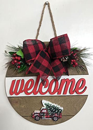 16 inch Wooden Welcome Sign with Truck carrying a tree, 16 inch, holiday decorative sign, door or wall sign