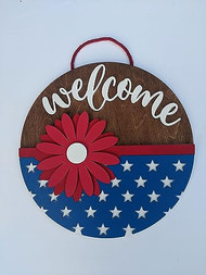 Welcome Daisy Patriotic Door or Wall Hand Painted Sign with Hanger, Patriotic Sign