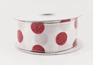 Wired Ribbon with Red Glitter Polka Dots on White, Floral Ribbon, 1-1/2 inch