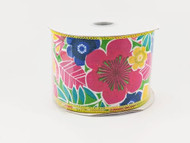 Wired Floral Ribbon, Vibrant Tropical Flower Print, Pink, Blue, Yellow and Green, Spring Craft Ribbon, 2-1/2 inch