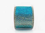 Teal and Gold Glitter Wired Ribbon, Diamond Grid Pattern, Decorative Craft Ribbon, 2-1/2 inch x 30 feet