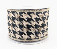 Wired Burlap Ribbon, Black and Natural Houndstooth Pattern, Craft and Wrapping Ribbon Roll, 2-1/2 inch x 5 Yards