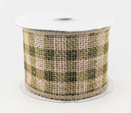 Burlap Plaid Ribbon, Green and Natural Checkered, Fringe Edge, Wired, Craft and Wrapping, 2-1/2 inch x 5 Yards