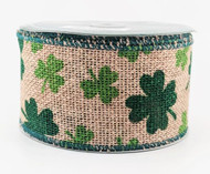 St. Patrick's Day Shamrock Burlap Wired Ribbon, Green Clover Pattern on Natural Tan, 2-1/2 inch