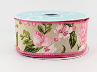 Wired Floral Ribbon, Pink and Green Flowers on Linen, Decorative Craft Ribbon for Wrapping and Bows, 1-1/2 inch