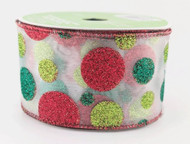 Wired Glitter Polka Dot Ribbon, Sheer White with Red, Green, and Teal Circles, Christmas Holiday Decor, 2-1/2 inch x 25 feet
