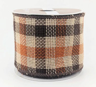 Plaid Wired Burlap Ribbon, Brown, Orange, and Cream Buffalo Check, Craft and Wrapping Ribbon, 2-1/2 inch x 12 feet