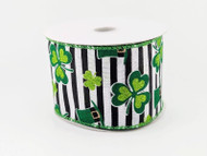 St. Patrick's Day Wired Ribbon, Black and White Striped with Green Shamrock, Decorative Craft Ribbon, 2-1/2 inch
