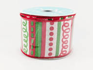 Christmas Wired Ribbon, Red and Green Striped with Dots and Swirls, Holiday Festive Decorative Craft Ribbon, 2-1/2 inch