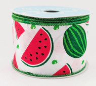 Wired Watermelon Print Ribbon, White and Green, Summer Fruit Theme, Craft and Wrapping Decoration, 2-1/2 inch