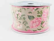 Wired Floral Ribbon, Pink Rose and Green Leaf Print on Beige, Decorative Craft Ribbon Roll, 2-1/2 inch