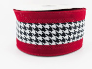 Wired Ribbon with Houndstooth Pattern, Red, Black and White, Decorative Craft Ribbon, 2-1/2 inch