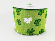 St. Patrick's Day Wired Ribbon, Green and White Shamrock Clover Pattern, Decorative Craft Ribbon, 2-1/2 inch