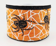 Halloween Wired Ribbon, Orange and Black Web Design, Spooky Holiday Decoration, 2-1/2 inch