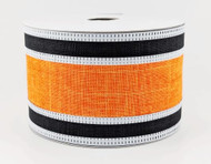 Wired Ribbon, Orange Burlap and Black Striped, Decorative Craft Ribbon for Wreaths and Bows, 2-1/2 inch
