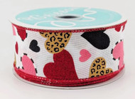 Wired Ribbon with Multi-Color Hearts and Leopard Print, Valentine's Day Craft Ribbon, 1-1/2 inch
