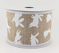 Wired Burlap Ribbon with White Bunny Print, Natural Tan and White, Easter Spring Craft Ribbon, 2-1/2 inch