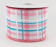 Pink and Teal Plaid Wired Ribbon, Decorative Craft Ribbon for Wrapping and Bows, 2-1/2 inch